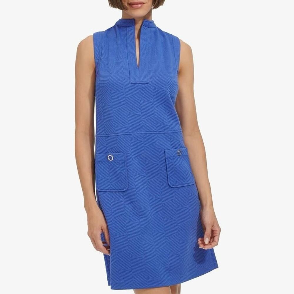 NWT Tommy Hilfiger Sleeveless Split Neck Jacquard Knit Dress Amparo Blue Sz 8